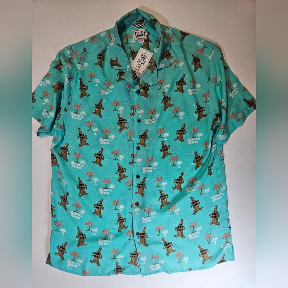 Party Pants Shirt Mens Medium Green Beer‎ Run Graphic Print Vacation Fun Novelty